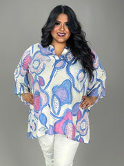 57 PQ {Color Me Blue} White/Blue Floral High/Low Tunic PLUS SIZE 1X 2X 3X