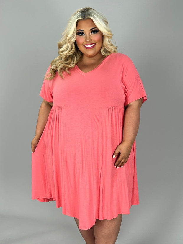 28 SSS {Curvy Hourglass} Coral V-Neck Dress w/Pleated Detailing CURVY BRAND!!!  PLUS SIZE XL 2X 3X (May Size Down 1 Size)