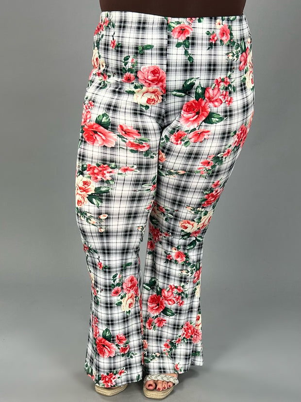 BT-H {Seeing The Beauty} Black/Ivory Plaid Floral Pants PLUS SIZE 1X 2X 3X