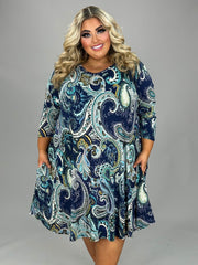 84 PQ {Paisley Me Crazy} Navy Paisley Print V-Neck Dress PLUS SIZE 1X 2X 3X