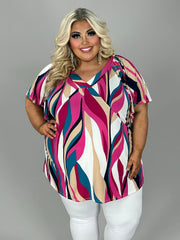 44 PSS {Everyday Smiles} Fuchsia/Teal Print V-Neck Top EXTENDED PLUS SIZE 4X 5X 6X