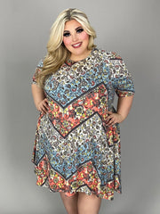 14 PSS {Unlikely Friends} Blue/Rust/Ivory Paisley Floral Mixed Print Dress EXTENDED PLUS SIZE 4X 5X 6X