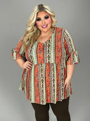 34 PQ [Pumpkin Fair} Orange Green Paisley Babydoll Tunic PLUS SIZE 1X  2X 3X