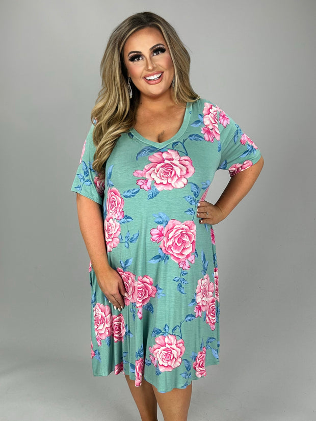 SALE!! 33 PSS-I {The Minty Rose} Mint Rose Print V-Neck Dress PLUS SIZE 1X 2X 3X