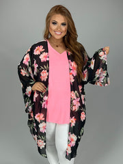 68 OT-B {Round The Clock} Black Floral Kimono PLUS SIZE XL 2X 3X