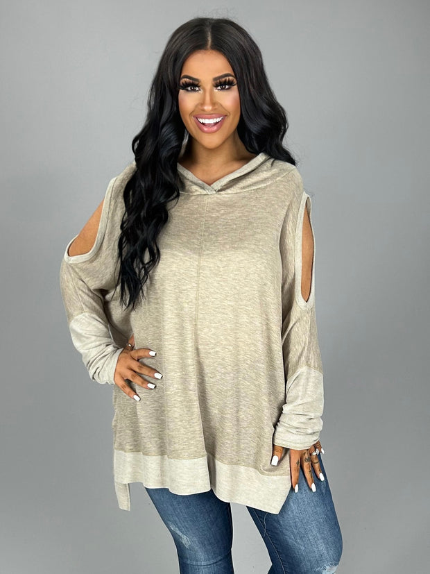 SALE!! OS-G {Follow Your Instincts} Beige  Cold -Shoulder Hoodie Top