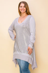 66 SD {Swing With Me} VOCAL GREY Rhinestone V-Neck Top PLUS SIZE XL 2X 3X