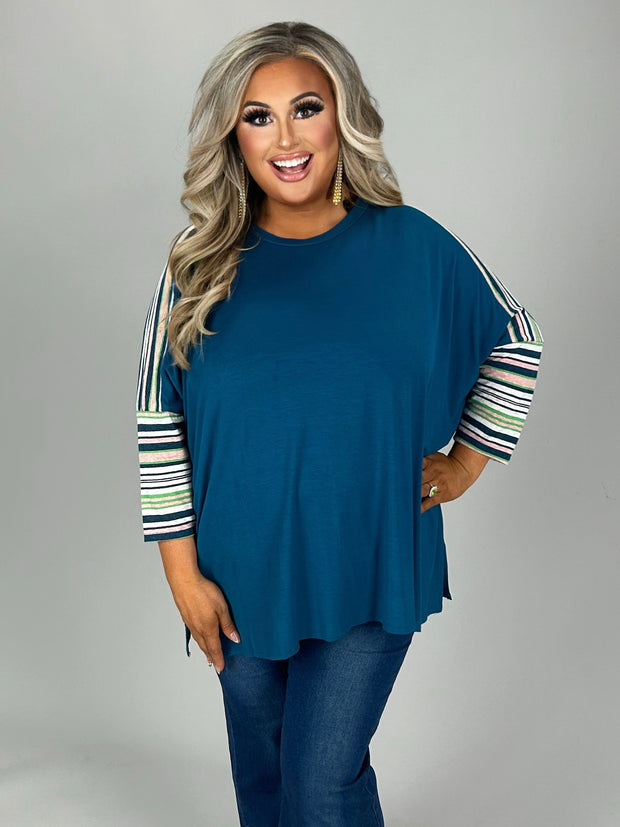 SALE!! 19 CP {Ready To Love} Dark Teal Top w/Striped Sleeves PLUS SIZE 1X 2X 3X