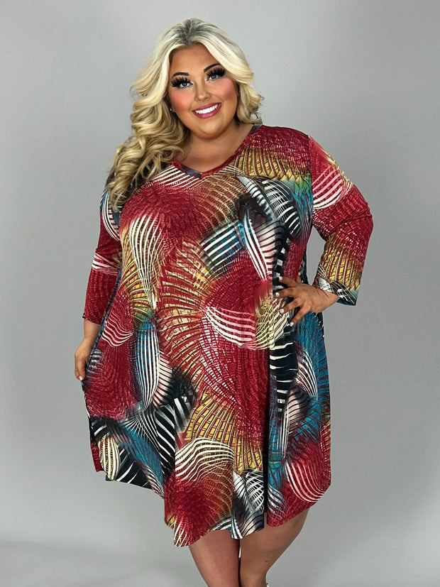 SALE!! 61 PQ-B {Fine By Me} Red Print V-Neck Dress EXTENDED PLUS SIZE 3X 4X 5X