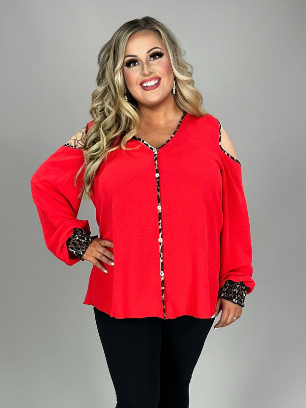 SALE!! 46 OS {Leopard Defined} Red Cold Shoulder Top PLUS SIZE XL 2X 3X