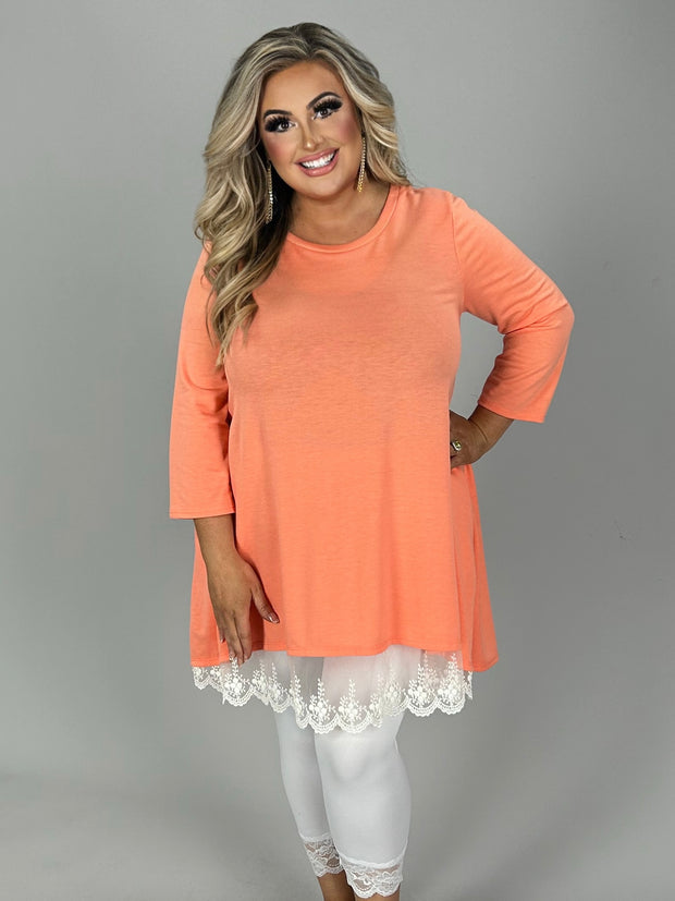 SALE!! 46 SD-A {Pastel Beauty} Coral White Lace Hem Knit Top PLUS SIZE XL 2X 3X