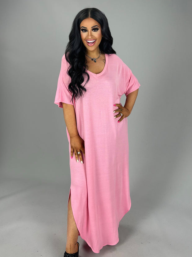 SALE!! LD-Z {Bubblegum} Pink V-Neck Soft Knit Maxi Dress PLUS SIZE 1X 2X 3X