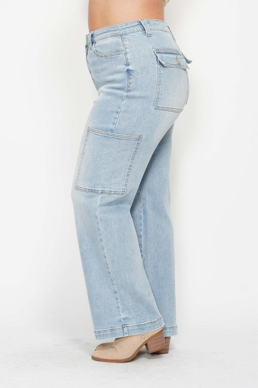 SALE!! LEG-H {Judy Blue} Light Blue Acid Washed High Waisted Denim Cargo Jeans