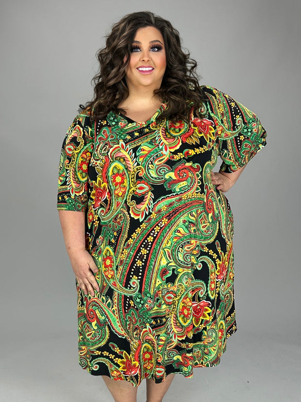 SALE!! 28 PSS {Relish The Paisley} Green Paisley V-Neck Dress EXTENDED PLUS SIZE 3X 4X 5X