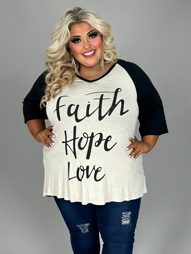 26 GT (Faith-Hope-Love) Oatmeal/Black  Graphic Tee Plus CURVY BRAND (May Size Down 1 Size)