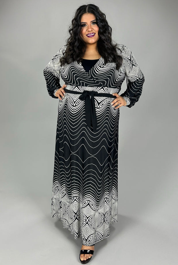 SALE!! LD-N {Highlight The Good} Black/White Print V-Neck Maxi Dress PLUS SIZE 1X 2X 3X