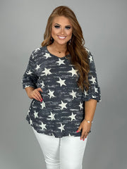 77 PSS-A {Star Energy} Charcoal Star Print Waffle Knit Top PLUS SIZE XL 2X 3X