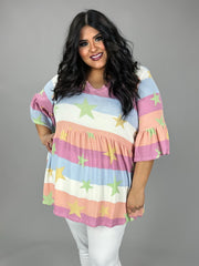 84 PSS {Friendly Stars} Pastel Multi-Color Star Print Babydoll Top PLUS SIZE 3X