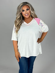 45 CP-C {Breakaway} Pink/White Tunic Floral Detail  PLUS SIZE 1X 2X 3X