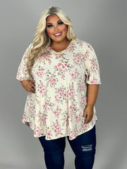 85 PSS {Dainty Jewel} Ivory/Pink Floral V-Neck Top EXTENDED PLUS SIZE 3X 4X 5X