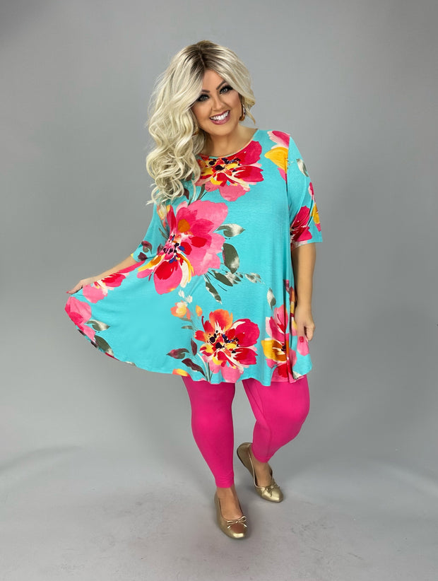 16 PSS {Bring The Love} Aqua Large Floral Print Top EXTENDED PLUS SIZE 4X 5X 6X