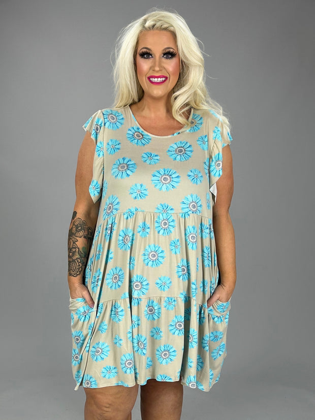 52 PSS-A {Daisy Blue} Grey/Blue Print Tiered  Dress  PLUS SIZE 1X 2X 3X