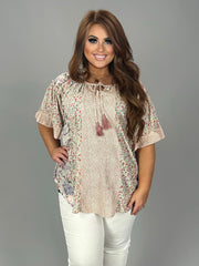 SALE!! 24 CP-W {Made The News} Dusty Rose Mixed Print Top PLUS SIZE XL 1X 2X