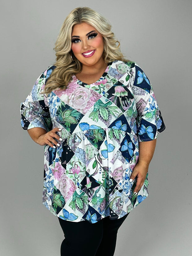 51 PSS {Butterfly Display} Blue Butterfly Print Babydoll Top EXTENDED PLUS SIZE 3X 4X 5X