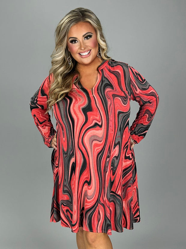 95 PLS-A {Keep The Swirls} Red Print Dress W/Pockets PLUS SIZE 1X 2X 3X