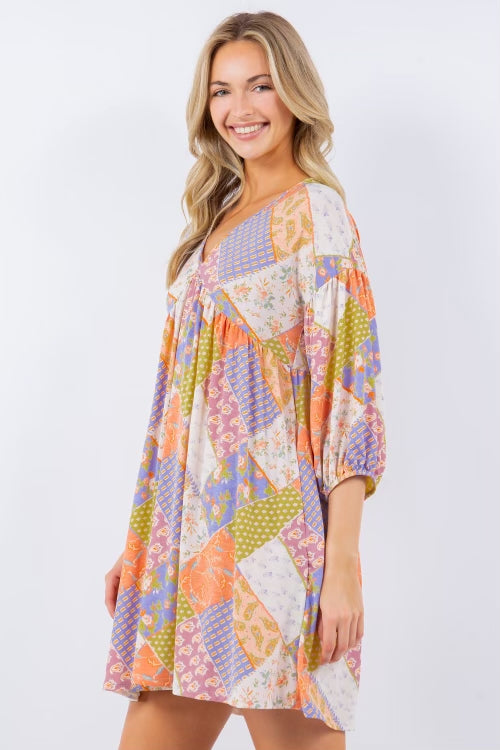 SALE!! 52 PQ {Beautiful Routine} Blue/Peach Mixed Print Dress PLUS SIZE 1X 2X 3X