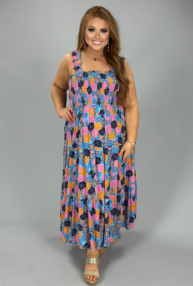 SALE!! LD-P {Style That Fits You} Blue Floral Smocked Midi Dress PLUS SIZE XL 1X 2X