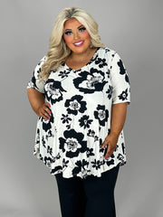 94 PSS {Posh Direction} Ivory/Black Floral V-Neck Top EXTENDED PLUS SIZE 3X 4X 5X (True To Size)