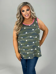 13 SV-E {Follow The Stars} Olive Camo Star  Print Top PLUS SIZE 1X 2X 3X