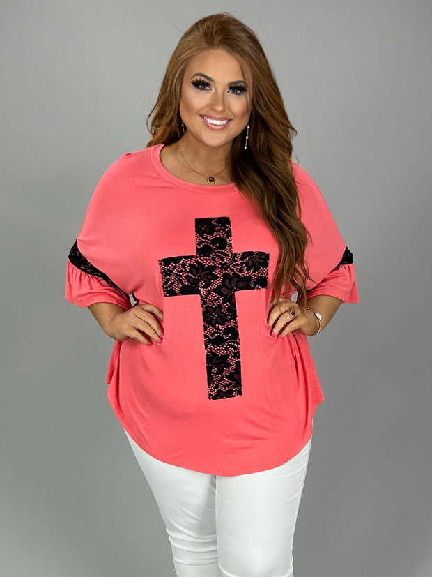 SALE!! 45 SD-R {At The Cross} Coral/Black Lace Cross & Sleeve Detail Top  PLUS SIZE XL 2X 3X 4X 5X 6X