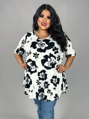 94 PSS {Posh Direction} Ivory/Black Floral V-Neck Top EXTENDED PLUS SIZE 3X 4X 5X (True To Size)