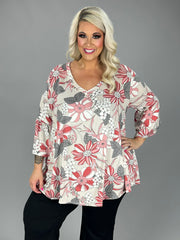 SALE!! 32 PQ-C {Strong Lines} Beige/Mauve Floral V-Neck Top EXTENDED PLUS SIZE 3X 4X 5X