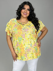 52 PSS {Petal Confetti} Yellow Floral Criss-Cross Top PLUS SIZE 1X 2X 3X