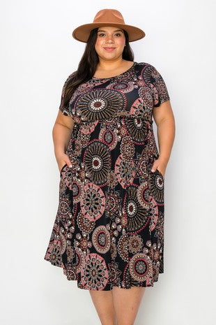 82 PSS {Inspiring Allure} Black/Red Mandala Print Babydoll Dress EXTENDED PLUS 3X 4X 5X