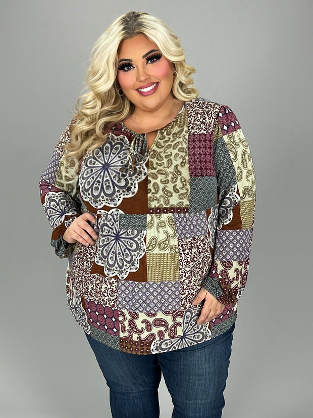 41 PLS {Pieces Of You} Brown/Olive Patchwork Print Top w Tie Detail PLUS SIZE 1X 2X 3X