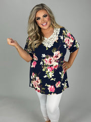 63 PSS-A {Garden Cafe}  Floral Print  Top w Lace Detail PLUS SIZE XL 2X 3X