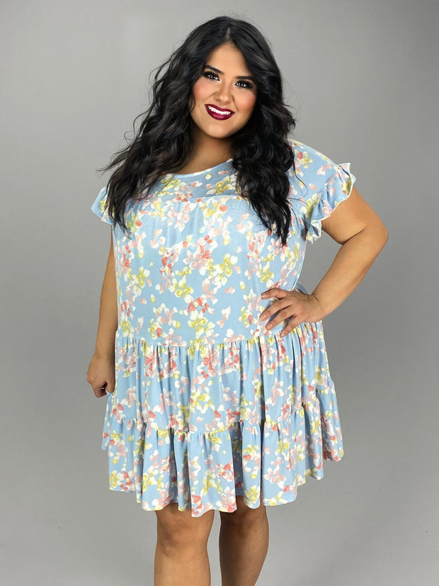 76 PSS-C {Floral Fields} Lt. BLUE Floral Tiered Dress PLUS SIZE 1X 2X 3X