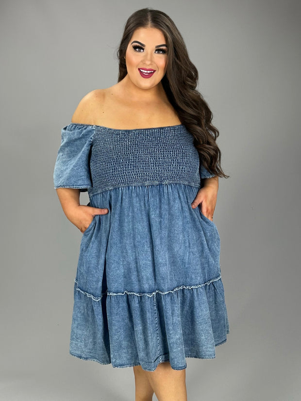 32 SSS {Pure Charm} Denim Blue Smocked Dress w/Ruffle Hem PLUS SIZE 1X 2X 3X