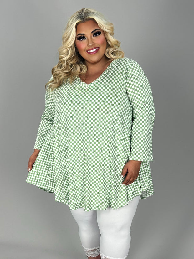 77 PQ {On My Mind} Green Square Floral Print V-Neck Top EXTENDED PLUS SIZE 3X 4X 5X