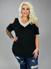 52 OS {Incredible Look} Black Top w/Ivory Crochet Neckline PLUS SIZE 1X 2X 3X