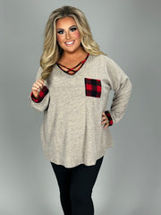 15 CP-F {Cute And Cozy}  Grey Red Plaid Neck Detail Tunic PLUS SIZE XL 2X 3X 4X 5X 6X