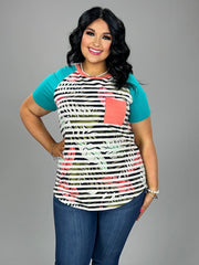 63 CP-A {Cosmic Love} Teal/Coral Contrast Top with Pocket PLUS SIZE XL 2X 3X