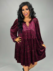 16 PQ {Leopard Boujee} Umgee Wine Velvet Tiered Dress PLUS SIZE XL 1X 2X