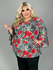 80 PQ {Honest Intentions} Grey/Red Animal & Rose Print Ruffle Sleeve Top EXTENDED PLUS 4X 5X 6X