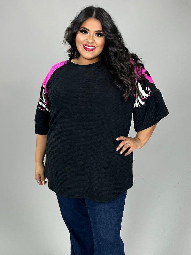 30 CP {Cool Kid} Black/Fuchsia Textured Top w/Print Contrast PLUS SIZE 1X 2X 3X