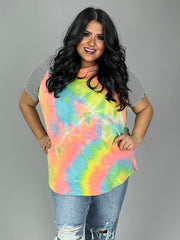 SALE!! 33 CP-P {All I Know} Neon Coral Tie Dye Stripe Sleeve Top PLUS SIZE XL 2X 3X